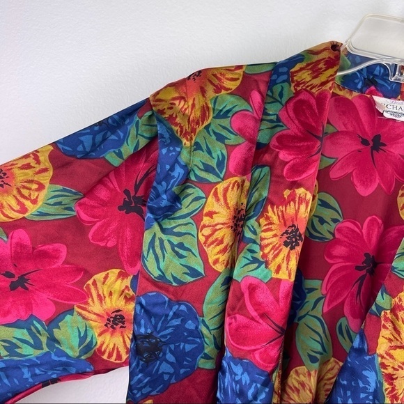 Vintage Beth Michaels Satin Floral Red Blue Green Bold Kimono Robe Size M/L - Picture 4 of 6